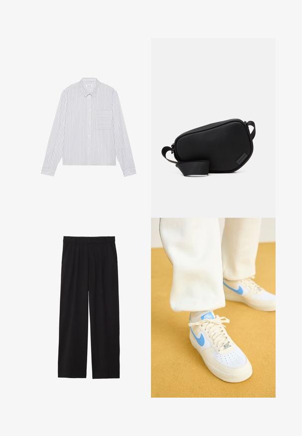 Balta mygtukų marškiniai su plonomis pilkomis vertikaliomis juostelėmis. Su kairėje pusėje esančiu kišeniu, klasikiniais atvartais ir ilgomis rankovėmis.; Juodos platėjančios kelnės su pločiu priekiniu raukiniu, šoninėmis kišenėmis ir lygiu audiniu. Sukurtos patogiam prigludimui.; Balti sportiniai batai su šviesiai mėlynais akcentais, turintys perforuotą nosį, tekstūruotą padu ir raištelių. Dėvimi su grietinėlės spalvos kelnais ant geltono fono.; Juodas, užtraukiamas per petį maišas, pagamintas iš lygaus medžiagos, su plokščia forma, vienu dirželiu ir nedideliu logotipo akcentu. Minimalistinis dizainas.