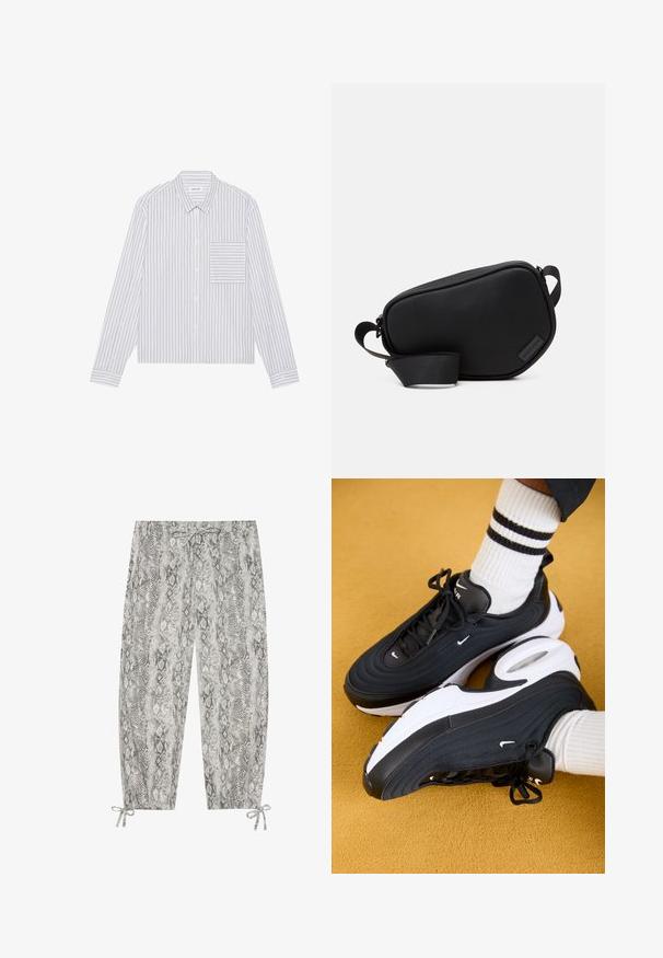 Cămașă albă cu nasturi, cu dungi verticale subțiri gri. Dispune de o buzunar pe partea stângă, guler clasic și mâneci lungi.; Pantaloni cu imprimeu de șarpe gri și negru, cu talie cu șnur și legături ajustabile la tiv. Realizați dintr-un material moale, ușor.; Adidași Nike Air Max 97 negri cu un superior texturat, talpă albă și accente negre. Purtați cu ciorapi albi cu nervuri, având dungi negre.; Geantă crossbody neagră, cu fermoar, realizată din material neted, având o formă plată, o singură curea și un accent mic cu logo. Design minimalist.; Ceas G-Shock cu carcasă din rășină transparentă, cadran albastru, accente metalice, display digital și curea texturată din silicon. Rezistent la apă până la 20 de bari.