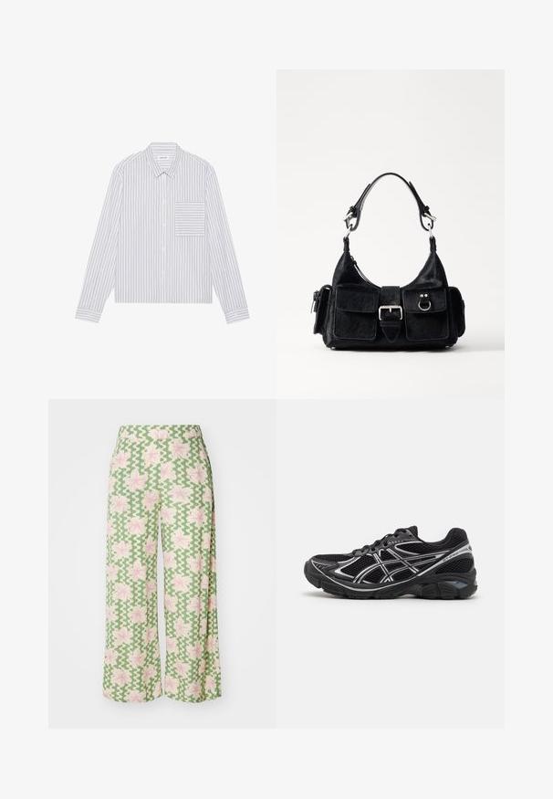 Biała koszula z długim rękawem, z cienkimi, szarymi pionowymi paskami. Posiada naszywaną kieszonkę po lewej stronie, klasyczny kołnierzyk oraz długie rękawy.; Spodnie o szerokich nogawkach w zielonym materiale z falistym wzorem i różowymi kwiatami. Pas jest płaski, co podkreśla swobodny styl.; Czarne buty sportowe z szarymi akcentami, górna część z siateczki, amortyzowana podeszwa i teksturowana gumowa podeszwa zewnętrzna. Posiadają smukły design.; Czarna torebka wykonana z teksturowanej skóry z zakrzywionym paskiem, dwoma przednimi kieszeniami, srebrnymi elementami metalowymi oraz centralnym zdobieniem w postaci klamry.