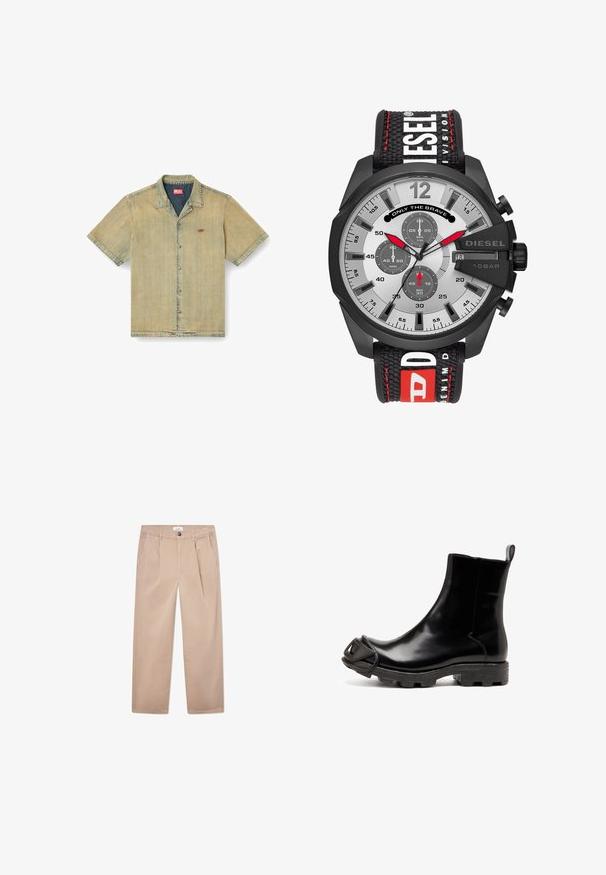 Rövidujjú világos bézs farmer ing, gombos elülső résszel, hegyes gallérral és diszkrét logó hímzéssel a mellrészen.; Khat́i vászon nadrág egyenes fazonban, két elülső zsebbel, gombos záródással és klasszikus szabással.; Fekete gumis bokacsizma fényes felülettel, lekerekített orral és jellegzetes, formázott díszítéssel az orrán. Texturált fekete talp.; Fekete krónográf óra ezüst számlappal, három alszámlappal, merész órjelek és textúrált szövetpánt piros részletekkel.
