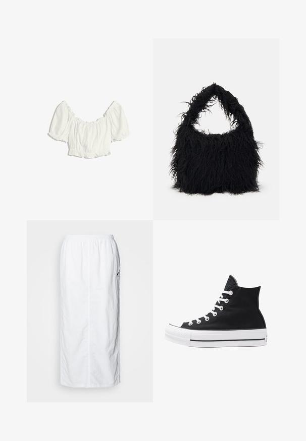 Bela skrajšana bluzica s napihnjenimi kratkimi rokavi in elastičnim nabranim ovratnikom, pasom in manšetami rokavov.; Bela midi krila z elastičnim pasom, enostavno teksturo, ravnim krojem in subtilno stransko žepno podrobnostjo.; Visoke črne platnene superge z belimi režami, vezalkami in gumijastim podplatom. Ponašajo se z teksturiranim zaščitnikom za prste in črno-belimi črtami.; Even&Odd Torba za nakupovanje - black