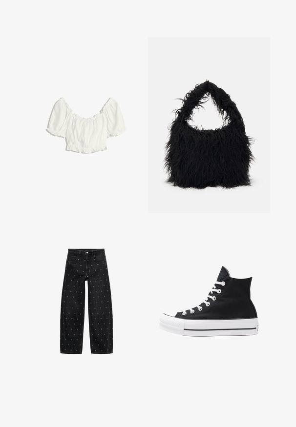 Blusa bianca corta con maniche a sbuffo e scollatura arricciata elasticizzata, vita e polsini delle maniche.; Jeans a gamba larga in denim nero con un motivo di piccoli occhielli in argento, dotati di un classico design a cinque tasche e chiusura con bottone.; Sneaker alta nera in tela con occhielli e lacci bianchi e suola in gomma. Presenta un punta testurizzata e accenti a strisce bianche e nere.; Even&Odd Shopping bag - black