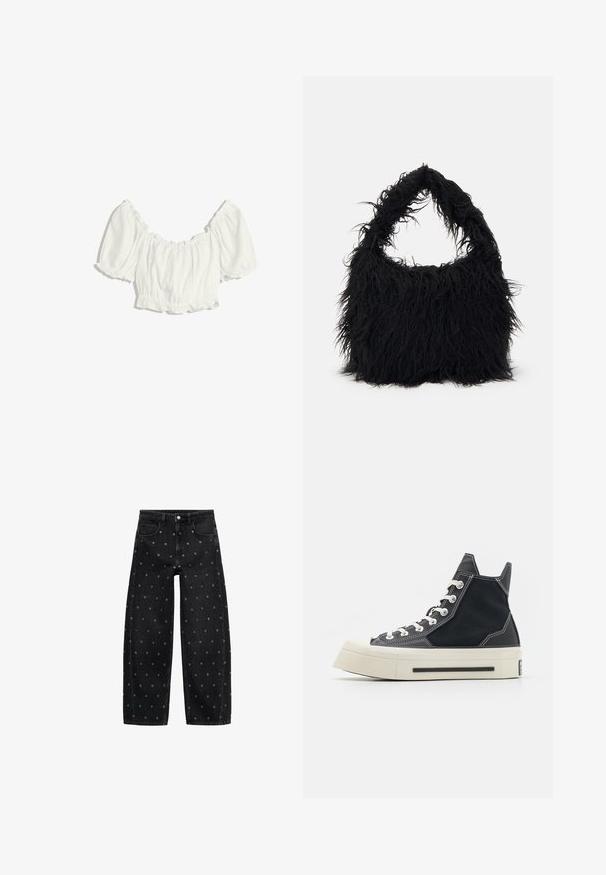Weißes, kürzer geschnittenes Blusenshirt mit gepufften kurzen Ärmeln und elastischem, gerafftem Ausschnitt, Bund und Ärmelsäumen.; Schwarze Jeans mit weitem Bein aus Denim, verziert mit einem Muster aus kleinen silbernen Ösen, klassischem Fünf-Taschen-Design und Knopfverschluss vorne.; Hochschuh mit schwarzem Canvas-Obermaterial, kontrastierenden weißen Nähten und einer dicken cremefarbenen Gummisohle. Verfügt über runde Schnürsenkel und eine strukturierte Rückseite.; Even&Odd Shopping Bag - black
