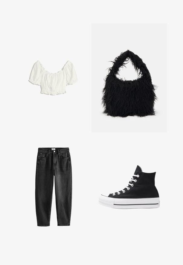 Blusa bianca corta con maniche a sbuffo e scollatura arricciata elasticizzata, vita e polsini delle maniche.; Jeans in denim nero con una vestibilità dritta, cinque tasche e chiusura con bottone. Presentano una leggera scoloritura e dettagli di cucitura. Design casual.; Sneaker alta nera in tela con occhielli e lacci bianchi e suola in gomma. Presenta un punta testurizzata e accenti a strisce bianche e nere.; Even&Odd Shopping bag - black