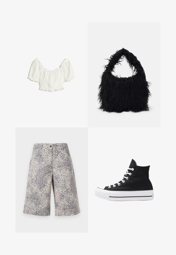Bílá zkrácená blůza s nabíranými krátkými rukávy a elastickým volánkovým výstřihem, pasem a manžetami rukávů.; Šortky s leopardím potiskem v světlé béžové a šedé barvě, s knoflíkovým zapínáním a střihovým provedením, hladkou texturou a délky po kolena.; Černý plátěný sneaker s vysokým střihem, bílými očky, tkaničkami a gumovou podrážkou. Obsahuje texturovanou špičku a černobílé pruhy.; Even&Odd Velká kabelka - black