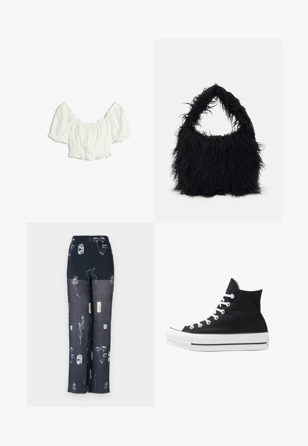 Bela skrajšana bluzica s napihnjenimi kratkimi rokavi in elastičnim nabranim ovratnikom, pasom in manšetami rokavov.; Mornarske hlače z elastičnim pasom, okrašene z rožnatimi in gobami v beli barvi. Narejene so iz lahkotnega, prosojnega materiala z lahkotnim dizajnom.; Visoke črne platnene superge z belimi režami, vezalkami in gumijastim podplatom. Ponašajo se z teksturiranim zaščitnikom za prste in črno-belimi črtami.; Even&Odd Torba za nakupovanje - black