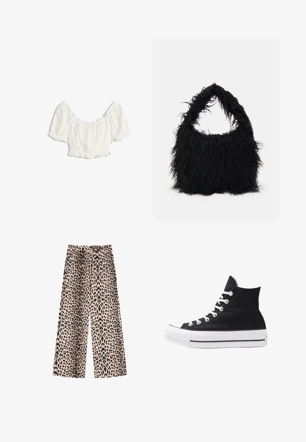 Witte cropped blouse met opstaande korte mouwen en elastische ruches bij de hals, taille en mouwboorden.; Brede broek in een luipaardprintpatroon, met een lichtbeige achtergrond en zwarte en bruine vlekken, gemaakt van een gestructureerde stof.; Hoge zwarte canvas sneaker met witte oogjes, veters en rubberen zool. Beschikt over een gestructureerde neuskap en zwart-witte streepaccenten.; Even&Odd Shopper - black