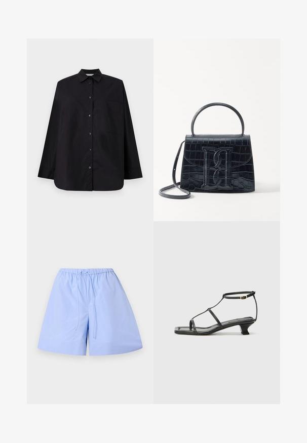 Cămașă neagră cu nasturi, realizată dintr-un material neted. Are guler, mâneci lungi, un buzunar pe piept și o croială dreaptă.; Pantaloni scurți din bumbac de culoare bleu deschis, cu un model în dungi, talie elastică și șnur ajustabil. Prezintă o croială lejeră și o textură netedă.; Sandelă din piele neagră cu vârf pătrat, curele subțiri, curea ajustabilă la gleznă și toc mic. Prezintă un mic accent auriu pe curea.; Geantă din piele cu model de crocodil negru, cu un design structurat, mână superioară, curea ajustabilă și un detaliu proeminent cu logo pe față.