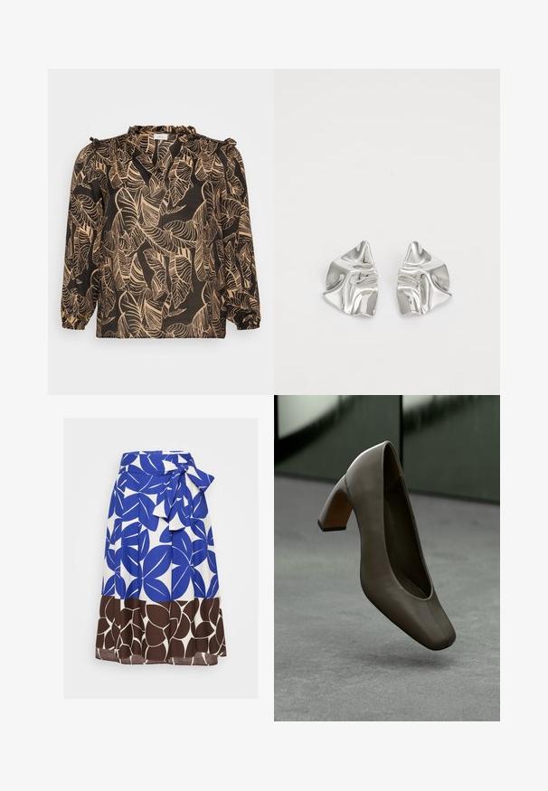 Bluză neagră cu un model de frunze în bej. Dispune de mâneci lungi, guler franjurat și o croială lejeră. Fabricată dintr-un material ușor.; Fustă albastră și albă cu un model îndrăzneț de frunze, cu un talie legată și o margine inferioară florală maro. Fabricată dintr-un material ușor.; Pantof cu toc înalt din piele de culoare verde măsliniu închis, cu vârf pătrat și toc drept, plutind deasupra unei podele din beton gri, cu un fundal verde neclar.; Cercei din metal argintiu cu un design sculptural ondulat, prezentând o finisare lucioasă și forme neregulate, evidențiind o estetică contemporană.