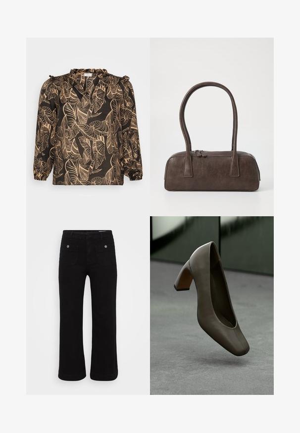 Svart bluse med bladmønster i beige. Har lange ermer, volangkant i halsen og løs passform. Laget av lettvektig stoff.; Sorte denimbukser med rett ben, fem lommer og sølvfargede detaljer. Glatt tekstur og slitesterkt stoff.; Mørk olivengrønn lærhøyhellet sko med firkantet tå og blåk heel, svevende over et grått betonggulv med en uskarp grønn bakgrunn.; Brun lærveske med to robuste håndtak, rektangulær form, jevn tekstur og glidelås. Minimalistisk design uten synlige mønstre.; Sølvmetall øredobber med et bølgete, skulpturelt design, preget av en polert finish og uregelmessige former, som fremhever en moderne estetikk.