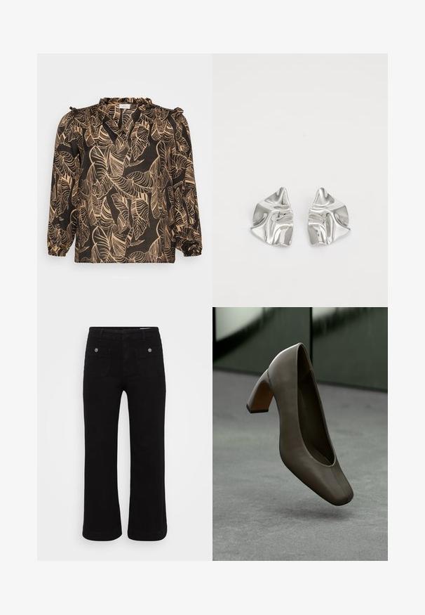 Mustmustega bluus beezhi lehtede mustriga. Omab pikki varrukaid, volangiga kaelust ja laia lõiget. Valmistatud kergest kangast.; Mustad denimipüksid sirge lõikega, viie taskuga ja hõbedaste detailidega. Sile tekstuur ja vastupidav kude.; Tume oliivroheline nahast kõrge kontsaga king, millel on ruudukujuline varvas ja plokknokk, hõljuv halli betoonpinna kohal uduselt rohelise tausta ees.; Hõbedased metallkõrvarõngad lainelise, skulpturaalse disainiga, millel on poleeritud viimistlus ja ebaregulaarsed kujundid, rõhutades kaasaegset esteetikat.