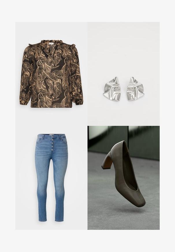 Crna bluzica s uzorkom lišća u bež boji. Ima duge rukave, volane na izrezu i slobodni kroj. Napravljena od lagane tkanine.; ONLY Carmakoma CARHUSH MID BUTTON BOX - Uske traperice - light blue; Tamno maslinasto zeleni kožni cipela na visokoj peti sa četvrtastim vrhom i blok petom, lebdi iznad sivo-betonskog poda s izmaglicom u pozadini.; Srebrne metalne naušnice s valovitim, skulpturalnim dizajnom, naglašenim sjajnom završnom obradom i nepravilnim oblicima, što ističe suvremeni estetski izraz.