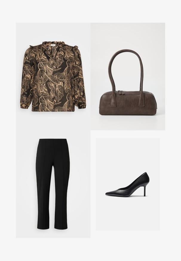 Black blouse with a leaf pattern in beige. Features long sleeves, ruffled neckline, and loose fit. Made of lightweight fabric.; Vero Moda Curve VMCBECKY PULL ON - Trousers - black; Black leather high heel pump with a pointed toe and a slender stiletto heel, featuring a smooth texture and minimal design.; Brown leather handbag with two sturdy handles, rectangular shape, smooth texture, and zip closure. Minimalist design with no visible patterns.; Silver metal earrings with a wavy, sculptural design featuring a polished finish and irregular shapes, highlighting a contemporary aesthetic.