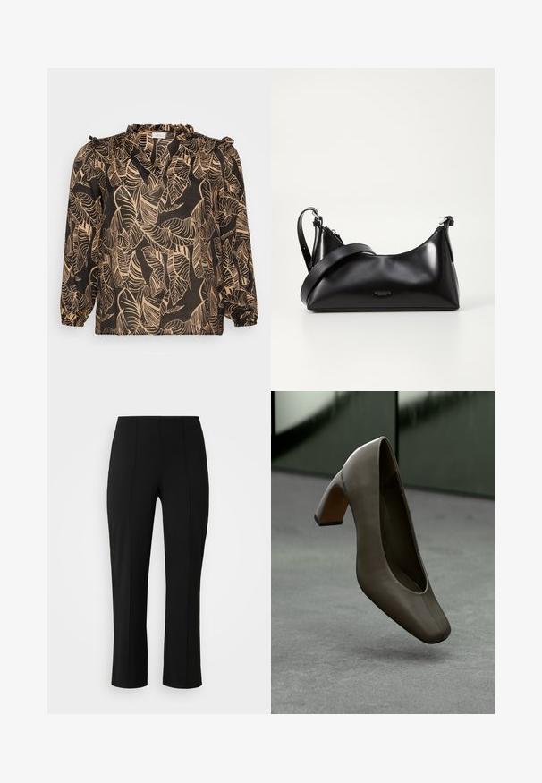 Svart bluse med bladmønster i beige. Har lange ermer, volangkant i halsen og løs passform. Laget av lettvektig stoff.; Vero Moda Curve VMCBECKY PULL ON - Bukse - black; Mørk olivengrønn lærhøyhellet sko med firkantet tå og blåk heel, svevende over et grått betonggulv med en uskarp grønn bakgrunn.; Svart skinnveske med en glatt tekstur. Har en justerbar stropp og et strømlinjeformet, minimalistisk design med glidelås.; Sølvmetall øredobber med et bølgete, skulpturelt design, preget av en polert finish og uregelmessige former, som fremhever en moderne estetikk.