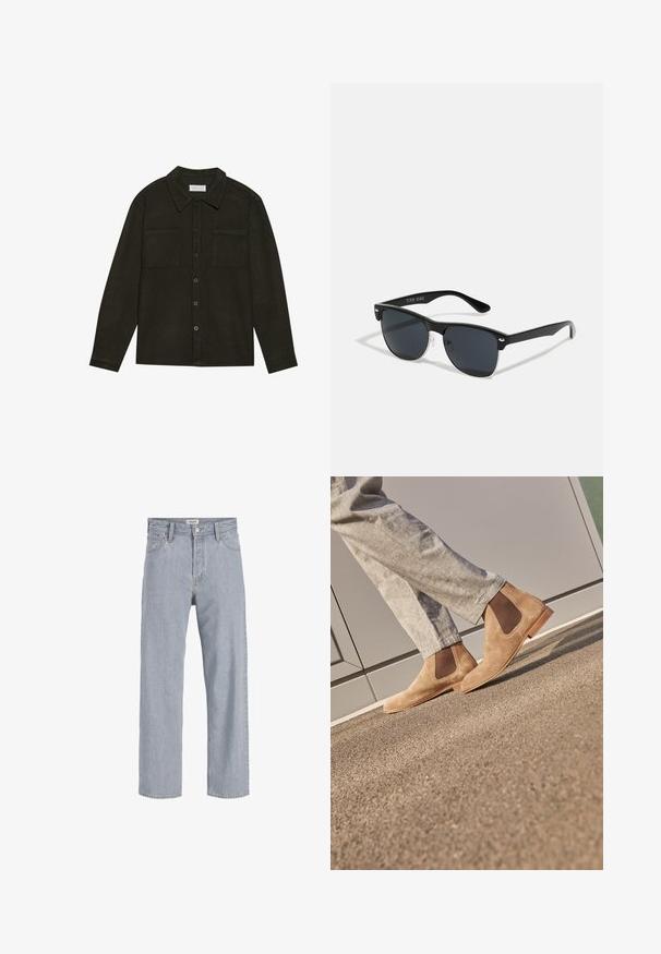 Mørkegrønn skjorte med knapper laget av strukturert stoff, med krage, to brystlommer og lange ermer med knappelukking.; Lyseblå denimbukser med avslappet passform, rett ben-design, synlige sømmer, to frontlommer og knappelukking.; Brune suedete Chelsea-støvler med elastiske sidepaneler og en glat tan gummisål, parret med lysegrå bukser på en tekstureret overflade.; Sorte solbriller med rektangulær form, mørke linser, sølvfargede detaljer ved templene, og en matt finish på rammen.