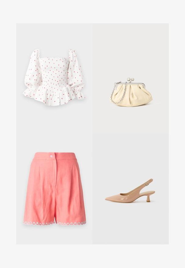 Fehér blúz smockolt felsőrésszel, puffos ujjakkal és fodros szegéllyel. Kicsi piros pöttyökkel mintázott. Puha tapintású pamut anyagból készült.; Világos rózsaszín vászon rövidnadrág, amely redős és fodros szegéllyel rendelkezik, fehér és kék akcentus körökkel. Elöl gombos záródással.; Szabadalommal védett, világos rózsaszínű szandálcipők, hegyes orral, alacsony blokk sarkú, állítható pánttal és kör alakú csattal.; Pleátolt bézs bőr válltáska ezüst fém kerettel, két kerek díszcsattal és ezüst lánc pánttal.