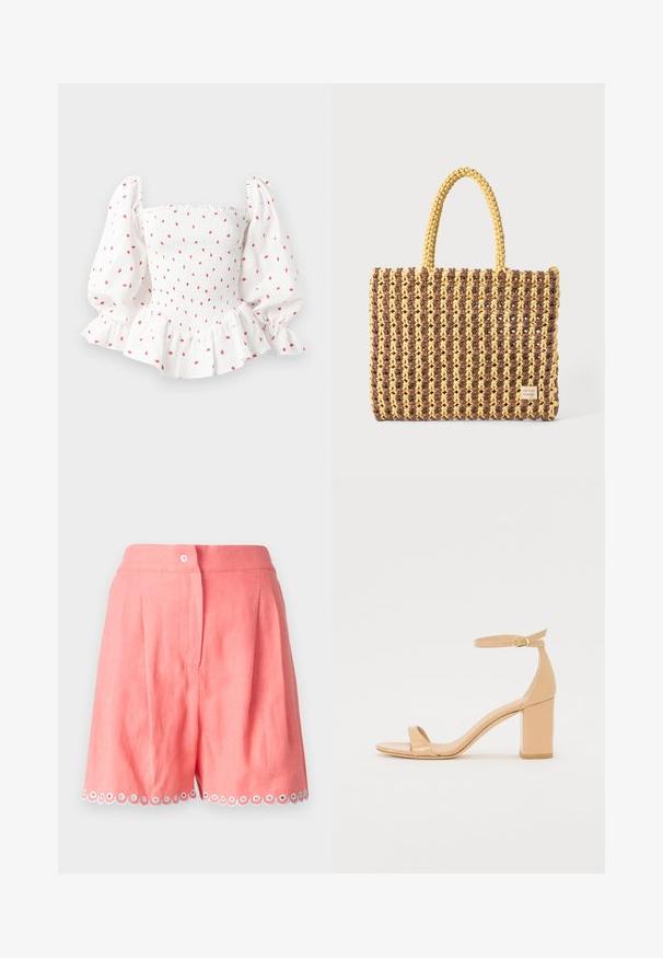 White blouse with smocked bodice, puffed sleeves, and ruffled hem. Patterned with small red dots. Cotton material with a soft texture.; Light pink linen shorts featuring pleats and a scalloped hem with white and blue accent circles. Includes a front button closure.; Nude patent leather heeled sandals with a square toe, ankle strap, and a chunky block heel. Smooth texture and minimal design details.; Woven bag in brown and yellow, featuring a rectangular shape, two handle straps, and a textured finish with visible stitching and a brand tag.