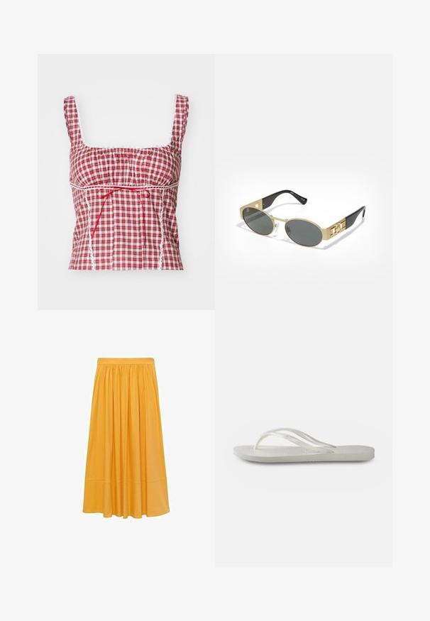 Rød- og hvidternet stoftop med firkantet halsudskæring, samlet design, justerbar rød snøring og hvide blondedetaljer langs kanterne.; Sennepsgul midi nederdel, fremstillet af letvægtsstof, har en samlet talje og en flydende silhuet med en glat tekstur og subtil glans.; Hvide flip-flops med en tekstureret sål, der har tynde stropper og et fladt design. Lavet af gummi med et subtilt logo på indersiden.; Ovale solbriller med en guldfarvet metalramme og grå linser. Har sorte acetatstænger med gyldne accenter og logo-detaljer på siderne.; Vævet stråbucket taske med en tan læderrem, der har et grønt blad og to gule hæklede citronaccentuer hængende fra siden.; Rosaguld halskæde med en svanevedhæng, prydet med klare krystaller. Kæden har et delikat linksdesign.