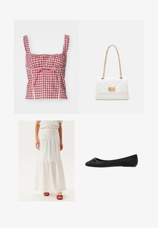 Rød- og hvidternet stoftop med firkantet halsudskæring, samlet design, justerbar rød snøring og hvide blondedetaljer langs kanterne.; Hvid, lagdelt maxi nederdel lavet af broderet bomuld, der har udskårne blomster mønstre. Kompletteret med røde hæle sandaler.; Sorte ruskind ballet flats med rund tå, prydet med en dekorativ sløjfe på forsiden og flad sål. Glat tekstur og klassisk form.; Hvid quilted håndtaske med en gylden kædderstrap og rektangulært spænde. Har en glat tekstur og geometrisk stikmønster.