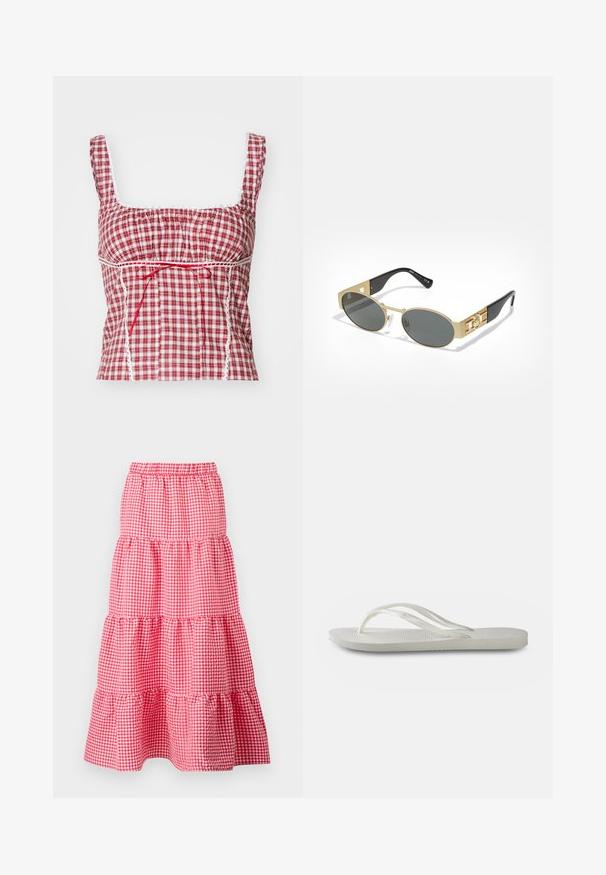 Pöttyös piros és fehér kockás anyagú felső, négyzet alakú nyakkivágással, redőzött kialakítással, állítható piros masnival és fehér csipke díszítéssel a szélén.; Piros és fehér kockás mintájú, réteges szoknya, rugalmas derékkal és fodros szegéllyel, három összegyűrt réteggel. Pamut anyag.; Fehér flip-flop, textúrált talppal, vékony pántokkal és lapos kialakítással. Gumi anyagból készült, finom logóval a talprészén.; Ovális napszemüveg aranyszínű fémből készült kerettel és szürke lencsékkel. Fekete acetát karokkal rendelkezik, aranyszínű díszítéssel és logorésszel az oldalán.; Arany színű virág alakú fülbevalók öt szirommal, texturált felülettel és polírozott kivitelben. Átmérőjük körülbelül 2,5 cm.