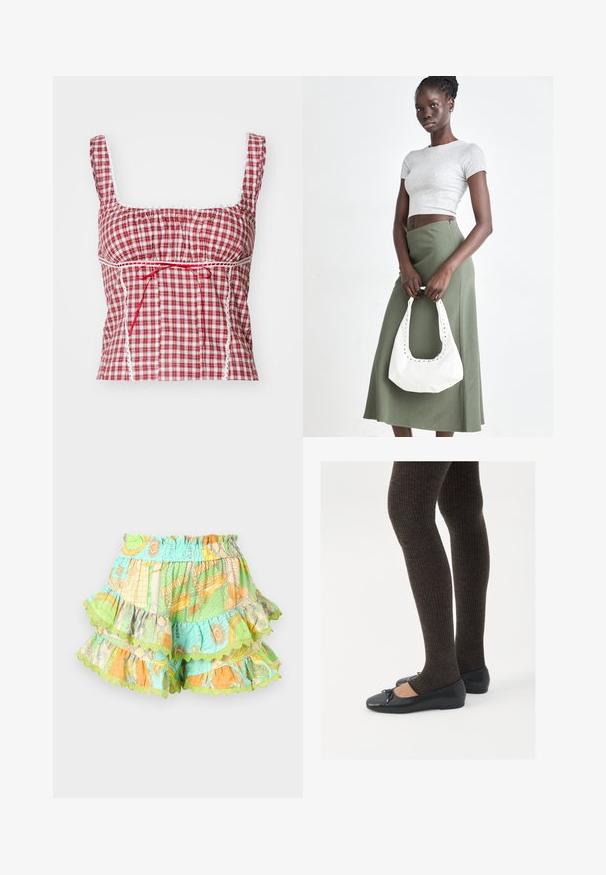 Haut en tissu à carreaux rouge et blanc avec un décolleté carré, design froncé, nœud rouge réglable et accents en dentelle blanche le long des bords.; Shorts colorés à couches avec une taille élastique, présentant des motifs en vert, orange et bleu, bordés de bords festonnés.; Chaussures plates noires avec un petit nœud au niveau des orteils, associées à des collants côtelés marron foncé. Les chaussures ont une texture lisse et un profil bas.; Top court rayé gris et jupe taille haute verte olive. Le mannequin tient un sac à bandoulière blanc avec des découpes. Design simple, silhouette ajustée.