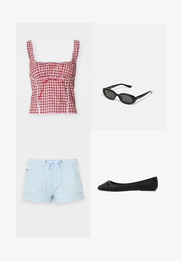 Červená a biela kockovaná látková blúzka so štvorcovým výstrihom, nariasený dizajn, nastaviteľná červená šnúrka a biele čipkové akcenty pozdĺž okrajov.; Svetlo modré ľanové šortky s elastickým pásom na šnúrku, dvoma prednými vreckami, šitými detailmi a voľným strihom. Hladká textúra, voľnočasový dizajn.; Čierne semišové baleríny s okrúhlou špičkou, so zdobnou mašľou na prednej strane a plochou podrážkou. Hladká textúra a klasický tvar.; Čierne slnečné okuliare s oválnymi šošovkami, lesklý plastový rám a štíhle ramienka. Na boku majú biele logo Ray-Ban.