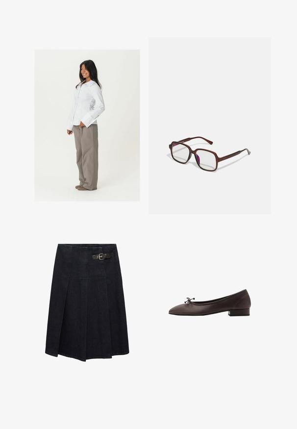 Bijela košulja s dugim rukavima i širokim manžetama, uparena s opuštenim, svijetlosmešim hlačama. Glatka tekstura tkanine, bez vidljivih uzoraka.; Tamni traper suknja s uskim strukom, detaljem kopče sa strane, nabranim dizajnom i blago izbačenim siluetom. Detalji šavova po cijeloj suknji.; Smeđi kožni baletni stan sa zaobljenim prstima i malim blok-petama. Ima tanak mašnu na prednjem delu i suptilne šavove.; Smeđe, pravokutne naočale s prozirnim lećama i ljubičastim nijansama. Glatki plastični okvir sa ravnim skrambljima i suptilnim akcentsima.; Smeđi kožni hobo torba s opuštajućim dizajnom i glatkom teksturom. Nosila ju je model u neformalnom stilu, a ima veliki otvor i zaobljen oblik.