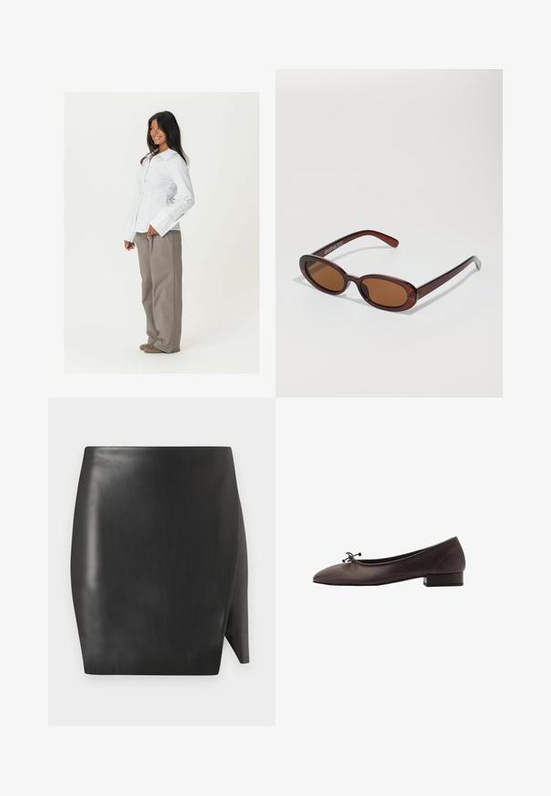 Bílá košile s knoflíky a dlouhými rukávy, s širokými manžetami, spárovaná s volnými, světle hnědými kalhotami. Hladký povrch tkaniny, bez viditelných vzorů.; Černá kožená mini sukně s hladkým povrchem, s rovnou siluetou a asymetrickým lemováním na jedné straně.; Hnědé kožené baletky s kulatou špičkou a malým blokovým podpatkem. Mají tenkou mašličku vpředu a decentní švy.; Kulaté sluneční brýle hnědé barvy s lesklým burgundským rámem. Úzké nožičky s jemným logem. Rovné čočky.; Taška hobo v měkké béžové semišové kůži s uvolněným tvarem, širokým ramenním popruhem a ručně šitým švem na přední straně.