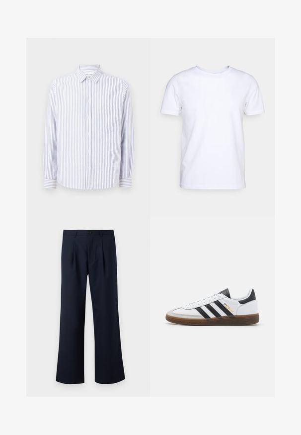 Rutet knappskjorte i lyseblå og hvit. Har spiss krage, lange ermer og en enkelt brystlomme. Laget av bomull.; Hvit t-skjorte med korte ermer i bomull med rund hals. Enkelt design uten mønstre eller accenter. Glatt tekstur.; Marineblå bukser med skreddersydd passform, bred ben design, frontfolder og en enkelt knappelukning i livet. Glatt stoffstruktur.; Hvit lær sneaker med svarte semsket detaljer, tre svarte striper, beige gummisåle og gull "SPEZIAL" merkingen på siden.