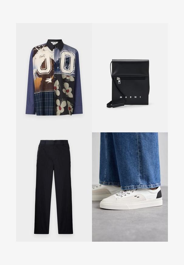 Többszínű, gombos ing, amely különböző minták keverékét mutatja, beleértve a virágos és grafikus nyomatokat, fekete gallérral és hosszú ujjakkal.; Fekete nadrág könnyű, textúrált anyagból, egyenes szárú kialakítással, rugalmas derékpánttal és oldalsó cipzáras zsebekkel.; Fehér és fekete sportcipők sima bőrből készült felsőrésszel, texturált díszítésekkel és vastag fehér talppal. Klasszikus fűzős kivitel jellemzi.; Fekete bőr keresztpántos táska cipzáras elülső zsebbel, dombornyomott logóval és állítható pánttal. Simább textúra, amelynek strukturált alakja van.