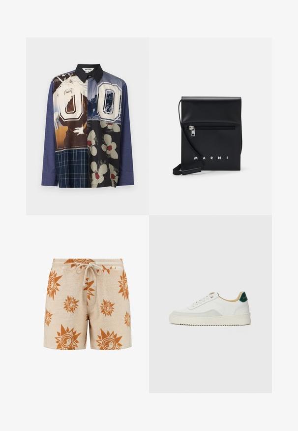 Daugiakampė marškiniai su mygtukais, pasipuošę įvairiomis raštų kombinacijomis, įskaitant gėlių ir grafinius spaudinius, su juodu apykakle ir ilgomis rankovėmis.; Bežiniai rankšluosčių šortai su saulės ir yin-yang raštu rusvai oranžine spalva. Elastingas juosmuo su raišteliu, minkšta tekstūra ir iki šlaunų ilgio.; Baltos sportbačiai su zomšos akcentais, apvaliu nosiu, plokščiais raišteliais ir kreminės spalvos guminiu padu. Ant kulno yra žalia ženklinimo detalė.; Juodas odinis per petį nešiojamas krepšys su užtrauktuku ant priekio, iškilminiu logotipu ir reguliuojama juosta. Lygi tekstūra su struktūrizuota forma.