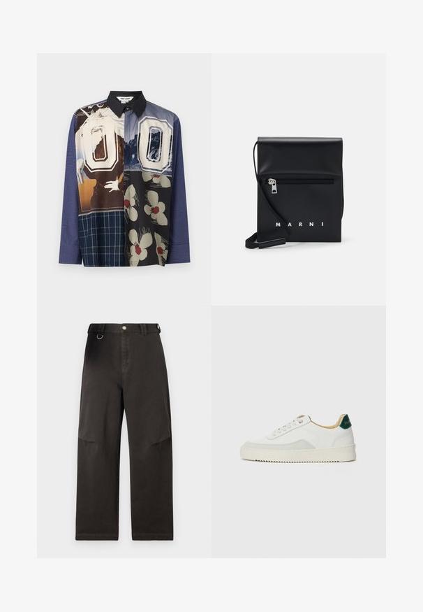 Mitmevärviline nööpidega särk, mis sisaldab erinevaid mustreid, sealhulgas lille- ja graafilisi trükiseid, musta kraega ja pikkade varrukatega.; Musta laiadegade pant, mis on valmistatud tugevast kangast, esiflukuga ja küljetaskutega. Vöökoht sisaldab metallist rõngakujulist detaili.; Valged tennisjalanõud, millel on sametised aktsendid, ümar varvas, lame nöörid ja kreemjas kummine põhja. Hästi nähtav roheline bränding kannal.; Mustmust nahast õlakott, millel on tõmblukk eesmine tasku, embosseeritud logo ja reguleeritav rihm. Sile tekstuur koos struktureeritud kujuga.