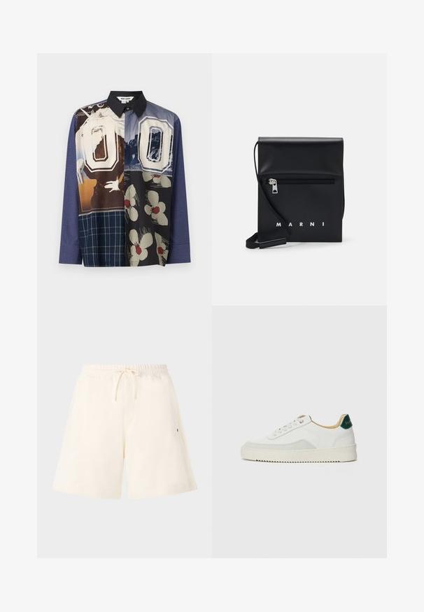 Camicia button-up multicolore con una combinazione di motivi, tra cui stampe floreali e grafiche, con colletto nero e maniche lunghe.; Pantaloni corti color crema realizzati in tessuto morbido, con una vita elastica dotata di cordino, tasche laterali e una vestibilità comoda.; Sneaker bianco con accenti in camoscio, punta rotonda, lacci piatti e suola in gomma crema. Presenta un marchio verde sul tallone.; Borsa a tracolla in pelle nera con tasca frontale con zip, logo in rilievo e tracolla regolabile. Texture liscia con una forma strutturata.