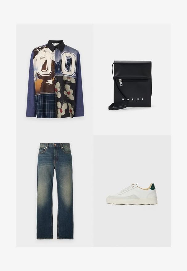 Daugiakampė marškiniai su mygtukais, pasipuošę įvairiomis raštų kombinacijomis, įskaitant gėlių ir grafinius spaudinius, su juodu apykakle ir ilgomis rankovėmis.; Tiesūs mėlyno džinsinio audinio džinsai su nusidėvėjimo efektu, kontrastingomis siūlėmis, penkiais kišenėmis ir tradiciniu mygtuko bei užtrauktuko uždarymu.; Baltos sportbačiai su zomšos akcentais, apvaliu nosiu, plokščiais raišteliais ir kreminės spalvos guminiu padu. Ant kulno yra žalia ženklinimo detalė.; Juodas odinis per petį nešiojamas krepšys su užtrauktuku ant priekio, iškilminiu logotipu ir reguliuojama juosta. Lygi tekstūra su struktūrizuota forma.