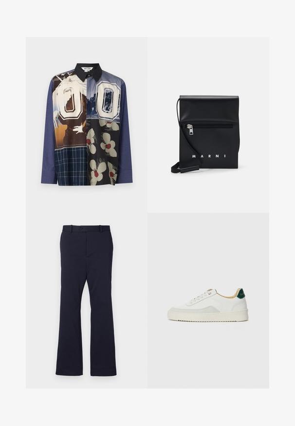 Multicolored button-up shirt featuring a mix of patterns, including floral and graphic prints, with a black collar and long sleeves.; Navy blue trousers made of smooth fabric with a straight leg design, front pockets, and a single button closure at the waist.; White sneaker with suede accents, rounded toe, flat laces, and a cream rubber sole. Features green branding on the heel.; Black leather crossbody bag with a zippered front pocket, embossed logo, and adjustable strap. Smooth texture with a structured shape.