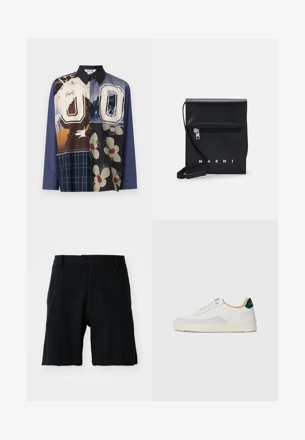 Multicolor košeľa na gombíky so zmesou vzorov, vrátane kvetinových a grafických potlačí, s čiernym golierom a dlhými rukávmi.; Čierne šortky vyrobené z texturovanej tkaniny, s predným zapínaním na gombík, bočnými vreckami a rovnými nohavicami, s viditeľnými švami.; Biele tenisky s semišovými akcentmi, zaoblenou špičkou, plochými šnúrkami a krémovou gumovou podrážkou. Na päte sú zelené značky.; Čierna kožená kabelka cez plece s predným vreckom na zips, embosovaným logom a nastaviteľným popruhom. Hladká textúra so štruktúrovaným tvarom.
