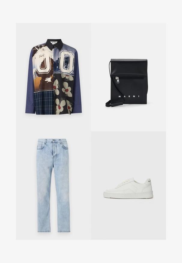 Dažādu krāsu pogājamā krekla ar vairākiem rakstiem, tostarp ziedu un grafiskām apdrukām, melna apkakle un garas piedurknes.; Gai zila džinsu bikses ar taisnu kāju dizainu, piecu kabatu stilu un redzamām šuvēm. Materiāls ir mīksts ar nedaudz izbalējušu apdari.; Baltas ādas sneakers ar gludu virsmu, apaļu pirkstu daļu, plakaniem šņorēm un teksturētu zoli. Satur diskrētu logotipu uz papēža.; Melnas ādas plecu soma ar rāvējslēdzēja priekšējo kabatu, iepresēto logotipu un regulējamu siksnu. Raita tekstūra ar strukturētu formu.