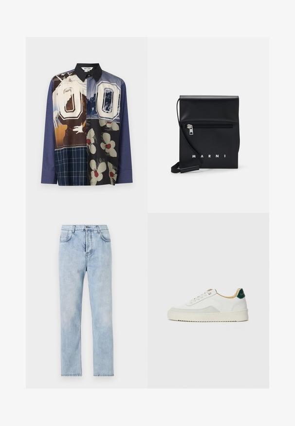Daugiakampė marškiniai su mygtukais, pasipuošę įvairiomis raštų kombinacijomis, įskaitant gėlių ir grafinius spaudinius, su juodu apykakle ir ilgomis rankovėmis.; Šviesiai mėlynos džinsinės kelnės su tiesiais džinsais, penkių kišenių dizainu ir matomais siūlės. Medžiaga yra minkšta su šiek tiek išblukusiu apdailos efektu.; Baltos sportbačiai su zomšos akcentais, apvaliu nosiu, plokščiais raišteliais ir kreminės spalvos guminiu padu. Ant kulno yra žalia ženklinimo detalė.; Juodas odinis per petį nešiojamas krepšys su užtrauktuku ant priekio, iškilminiu logotipu ir reguliuojama juosta. Lygi tekstūra su struktūrizuota forma.