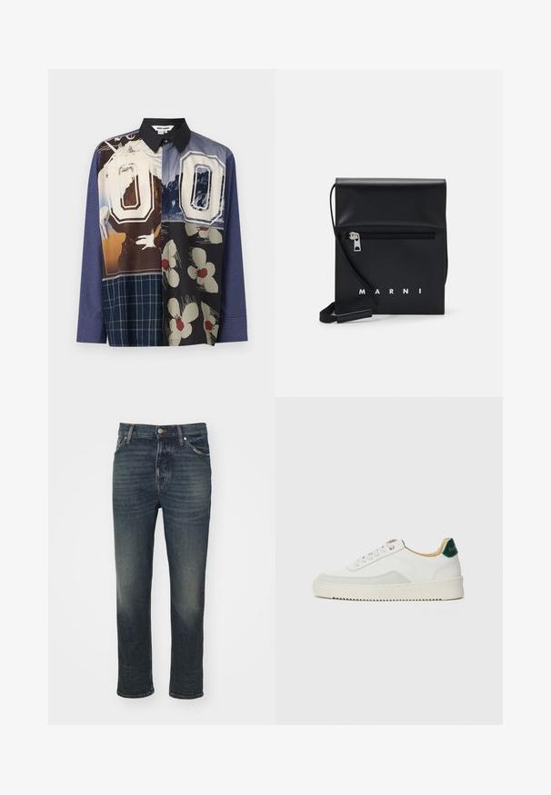 Koszula z guzikami w wielokolorowy wzór, z mieszanką nadruków w tym kwiatowych i graficznych, z czarnym kołnierzykiem i długimi rękawami.; NN.07 FREY niebieski denim; Białe trampki z zamszowymi akcentami, zaokrąglony czubek, płaskie sznurowadła i kremowa gumowa podeszwa. Posiadają zielone logo na pięcie.; Czarna skórzana torebka na ramię z zasuwaną przednią kieszenią, wytłoczonym logo i regulowanym paskiem. Gładka tekstura z wyraźnym kształtem.