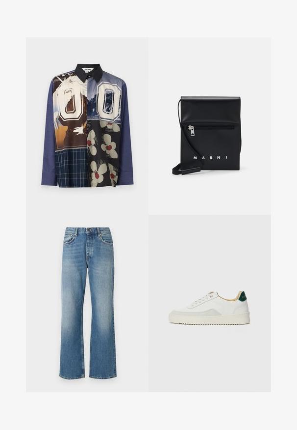 Daugiakampė marškiniai su mygtukais, pasipuošę įvairiomis raštų kombinacijomis, įskaitant gėlių ir grafinius spaudinius, su juodu apykakle ir ilgomis rankovėmis.; Šviesiai mėlyni džinsai su plačiomis kojomis, tiesiu kirpimu, penkiais kišenėmis ir mygtuko uždarymu juosmens srityje. Visame paviršiuje matoma nuplauta tekstūra.; Baltos sportbačiai su zomšos akcentais, apvaliu nosiu, plokščiais raišteliais ir kreminės spalvos guminiu padu. Ant kulno yra žalia ženklinimo detalė.; Juodas odinis per petį nešiojamas krepšys su užtrauktuku ant priekio, iškilminiu logotipu ir reguliuojama juosta. Lygi tekstūra su struktūrizuota forma.