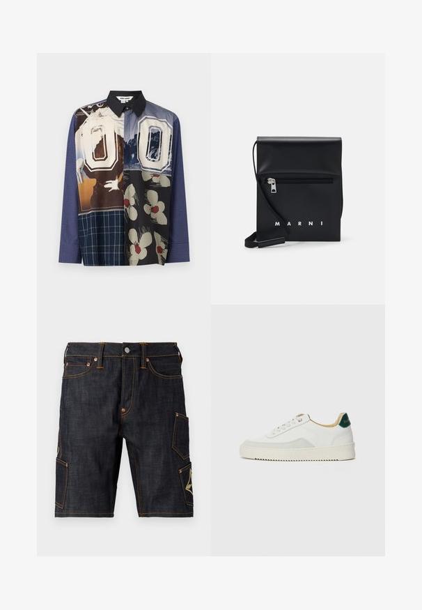 Koszula z guzikami w wielokolorowy wzór, z mieszanką nadruków w tym kwiatowych i graficznych, z czarnym kołnierzykiem i długimi rękawami.; Ciemnoniebieskie szorty dżinsowe o prostym kroju, z kontrastowymi pomarańczowymi szwami, pięcioma kieszeniami i kieszenią cargo z emblematem.; Białe trampki z zamszowymi akcentami, zaokrąglony czubek, płaskie sznurowadła i kremowa gumowa podeszwa. Posiadają zielone logo na pięcie.; Czarna skórzana torebka na ramię z zasuwaną przednią kieszenią, wytłoczonym logo i regulowanym paskiem. Gładka tekstura z wyraźnym kształtem.
