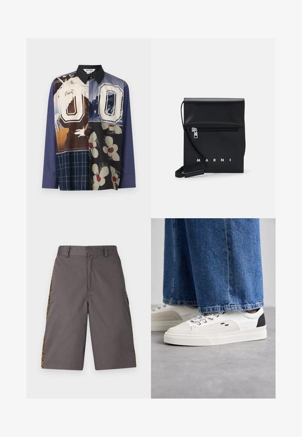 Chemise à boutons multicolore présentant un mélange de motifs, y compris des imprimés floraux et graphiques, avec un col noir et des manches longues.; Shorts gris en tissu lisse, avec des panneaux latéraux en imprimé léopard, un devant plat et une taille standard.; Baskets blanches et noires avec une tige en cuir lisse, des accents texturés et une semelle épaisse blanche. Présentent un design classique à lacets.; Sac à bandoulière en cuir noir avec une poche avant zippée, logo embossé et une bandoulière ajustable. Texture lisse avec une forme structurée.