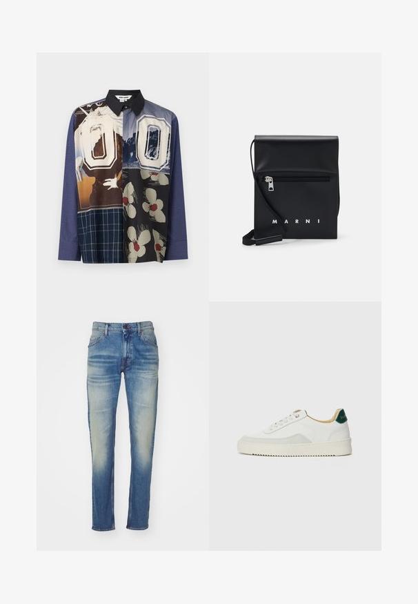 Multicolored button-up shirt featuring a mix of patterns, including floral and graphic prints, with a black collar and long sleeves.; Light blue denim jeans with a straight fit, featuring a faded wash, five pockets, and a button closure at the waist.; White sneaker with suede accents, rounded toe, flat laces, and a cream rubber sole. Features green branding on the heel.; Black leather crossbody bag with a zippered front pocket, embossed logo, and adjustable strap. Smooth texture with a structured shape.