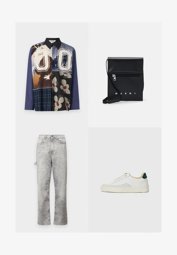 Cămașă cu butoni multicolorată, cu un amestec de modele, inclusiv imprimeuri florale și grafice, având o guler negru și mâneci lungi.; Iceberg PANTALONE - Blugi loose fit - degradabile grigio; Sneaker alb cu accente din suede, vârf rotund, șireturi plate și o talpă din cauciuc crem. Are un logo verde pe călcâie.; Geantă de umăr din piele neagră, cu un buzunar frontal cu fermoar, logo embosat și curea reglabilă. Textură netedă cu o formă structurată.