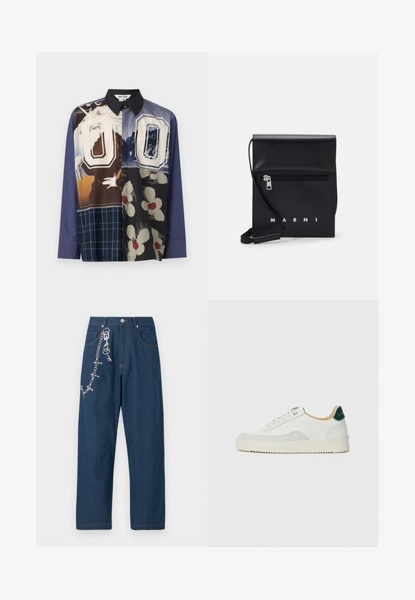 Dažādu krāsu pogājamā krekla ar vairākiem rakstiem, tostarp ziedu un grafiskām apdrukām, melna apkakle un garas piedurknes.; Tumši zilo džinsu platās kājas bikses ar ķēdi, kurai pievienoti rhinestones, kreisajā pusē, un redzamām oranžām vīlēm uz kabatām un apakšmalas.; Baltas sneakers ar zamša akcentiem, noapaļota purngala, plakaniem auklām un krēmkrāsas gumijas zoli. Ar zaļu zīmolu uz papēža.; Melnas ādas plecu soma ar rāvējslēdzēja priekšējo kabatu, iepresēto logotipu un regulējamu siksnu. Raita tekstūra ar strukturētu formu.