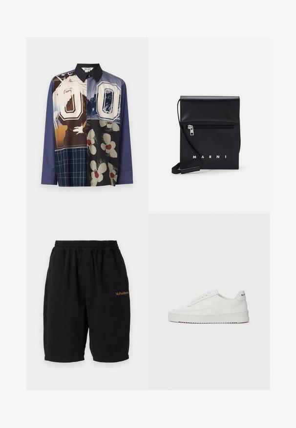 Daugiakampė marškiniai su mygtukais, pasipuošę įvairiomis raštų kombinacijomis, įskaitant gėlių ir grafinius spaudinius, su juodu apykakle ir ilgomis rankovėmis.; Juodi medvilniniai šortai su elastinga juosmens juosta, tiesiu kirpimu ir šoninėmis kišenėmis. Priekyje yra bordo siuvinėta frazė "No Problemo".; Balti odiniai sportiniai bateliai su lygia apdaila, apvaliu pirštu, plokščiais raišteliais ir tekstūruotu padu. Pasižymi subtiliu logotipu ant kulno.; Juodas odinis per petį nešiojamas krepšys su užtrauktuku ant priekio, iškilminiu logotipu ir reguliuojama juosta. Lygi tekstūra su struktūrizuota forma.