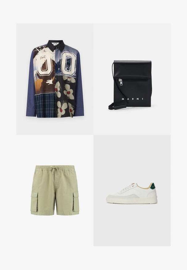 Hedvábná košile s mnoha barvami, na které se prolínají různé vzory, včetně květinových a grafických tisků, s černým límcem a dlouhými rukávy.; Khaki cargo šortky s elastickým pasem, stahovací šňůrkou, dvěma bočními kapsami a dvěma bočními cargo kapsami. Vyrobeno z lehkého materiálu.; Bílé tenisky se semišovými prvky, kulatou špičkou, plochými tkaničkami a krémovou gumovou podrážkou. Na patě mají zelené logo.; Černá kožená kabelka přes rameno s přední zipovou kapsou, embosovaným logem a nastavitelným popruhem. Hladký povrch s pevnou strukturou.