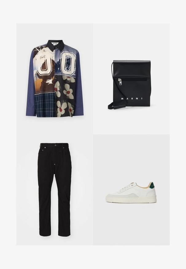 Daugiakampė marškiniai su mygtukais, pasipuošę įvairiomis raštų kombinacijomis, įskaitant gėlių ir grafinius spaudinius, su juodu apykakle ir ilgomis rankovėmis.; Juodos medvilnės kelnės tiesaus kirpimo, su mygtuko užsegimu, penkių kišenių dizainu ir subtilia tekstūra. Nėra matomų puošmenų ar raštų.; Baltos sportbačiai su zomšos akcentais, apvaliu nosiu, plokščiais raišteliais ir kreminės spalvos guminiu padu. Ant kulno yra žalia ženklinimo detalė.; Juodas odinis per petį nešiojamas krepšys su užtrauktuku ant priekio, iškilminiu logotipu ir reguliuojama juosta. Lygi tekstūra su struktūrizuota forma.