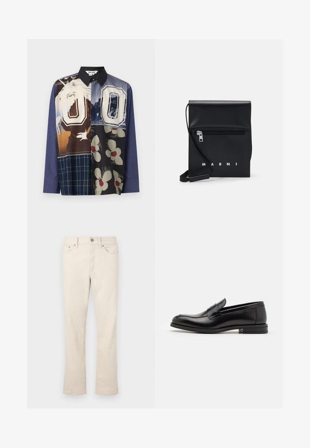 Daugiakampė marškiniai su mygtukais, pasipuošę įvairiomis raštų kombinacijomis, įskaitant gėlių ir grafinius spaudinius, su juodu apykakle ir ilgomis rankovėmis.; Bežiniai džinsai iš medvilnės mišinio su tiesia kojų forma. Savybės: priekyje esantis mygtukas ir užtrauktukas, penkios kišenės ir subtilios siuvimo detalės.; Juodos odinės loafers, turinčios lygų paviršių, apvalią noselę ir dekoratyvinę juostą per priekinę dalį. Žemas krentantis kulnas, minimalistinis dizainas.; Juodas odinis per petį nešiojamas krepšys su užtrauktuku ant priekio, iškilminiu logotipu ir reguliuojama juosta. Lygi tekstūra su struktūrizuota forma.