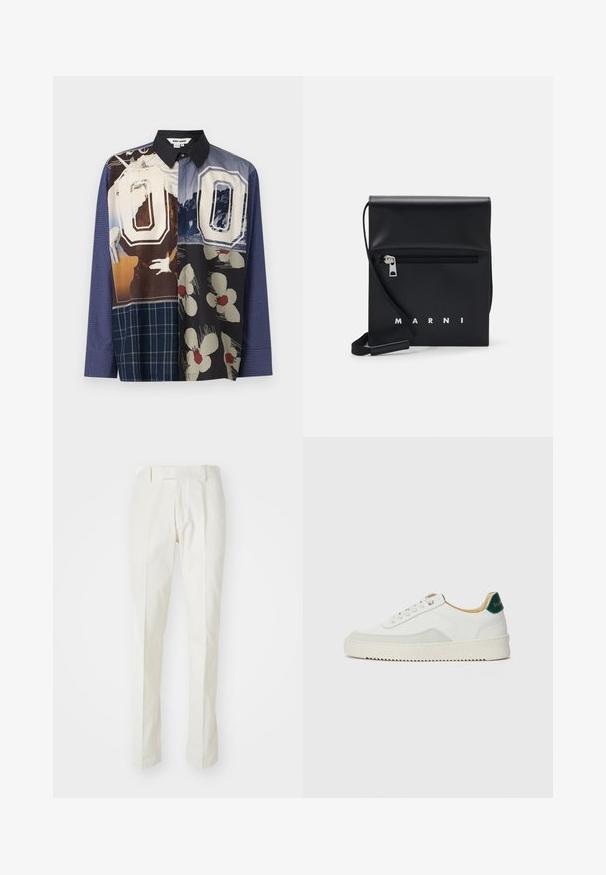Multicolore overhemd met knoopsluiting met een mix van patronen, waaronder bloemmotieven en grafische prints, met een zwarte kraag en lange mouwen.; Witte broek van katoen, met een recht model, platte voorkant en geen zichtbare patronen of hardware. Glad materiaal.; Witte sneaker met suède accenten, ronde neus, platte veters en een crème rubberen zool. Bevat groene branding op de hiel.; Zwarte leren schoudertas met een ritsvak aan de voorkant, reliëflogo en verstelbare schouderband. Soepele textuur met een gestructureerde vorm.